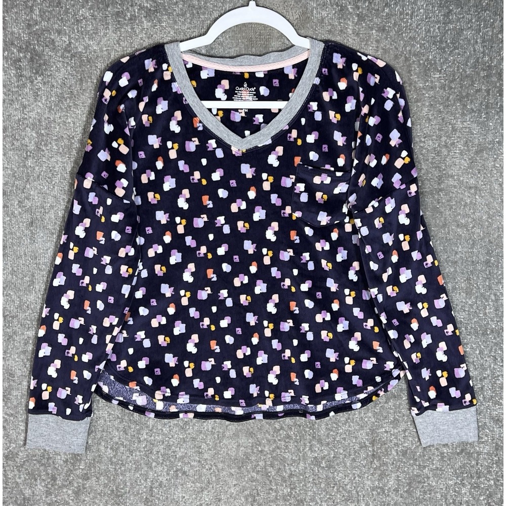 Cuddl Duds Velour Fleece Pajama Top Womens Sz MP Purple Geometric Stretch Pocket